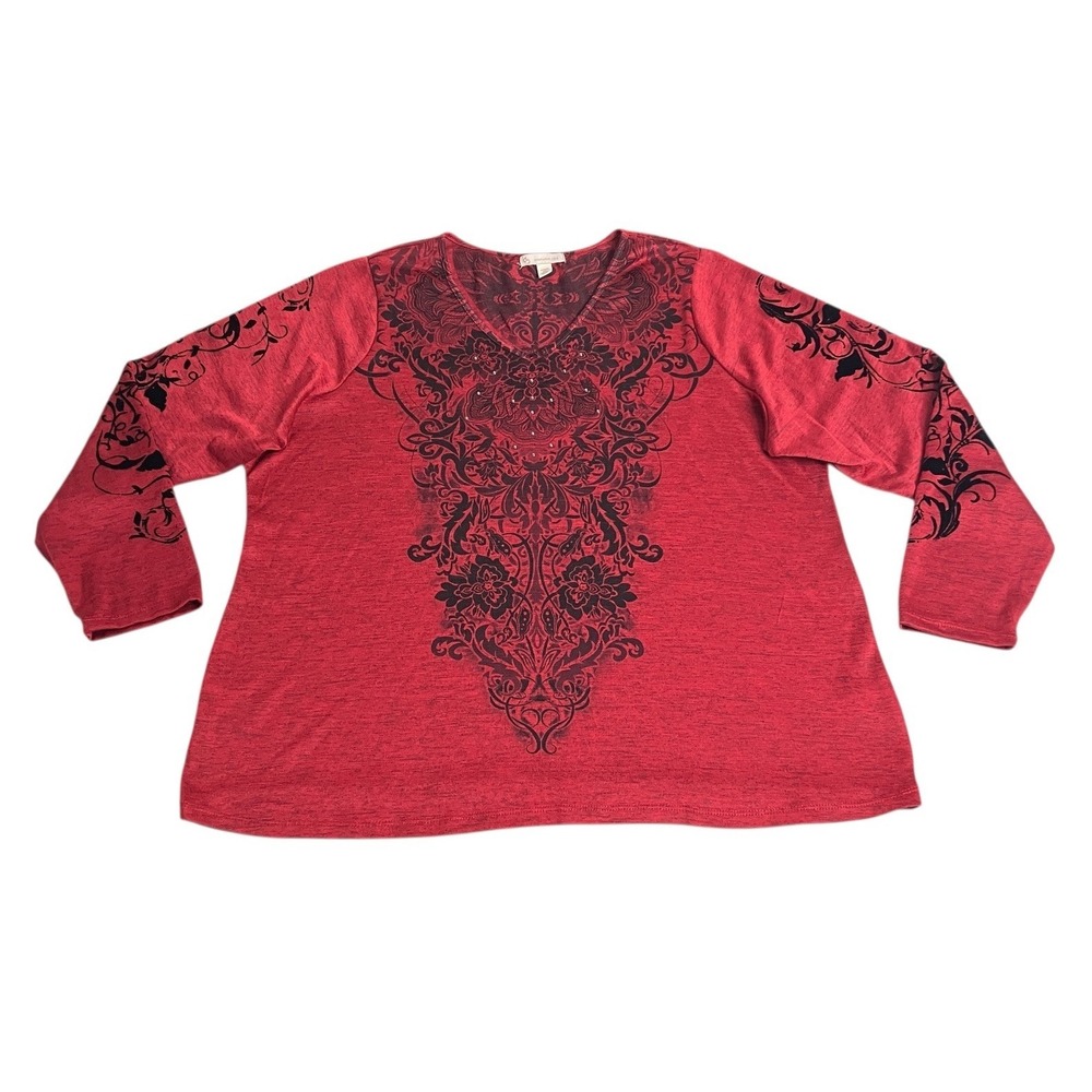 Y2K CB Established 1962 Top Womens 3X Red Floral Tribal Felted Studded Mall Goth
